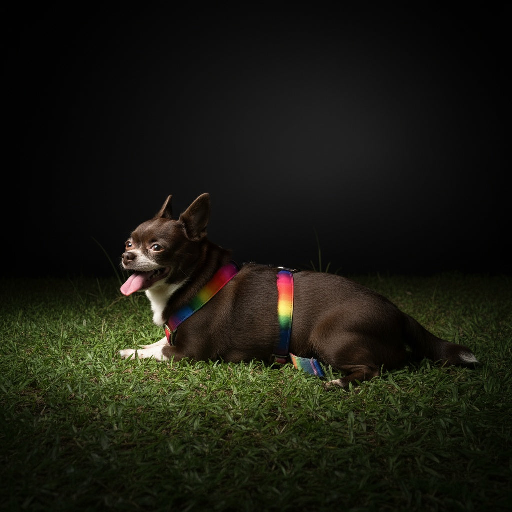 A dog wearing a colorful LED dog harness with leash, lounging on grass, showcasing its nighttime safety features.
