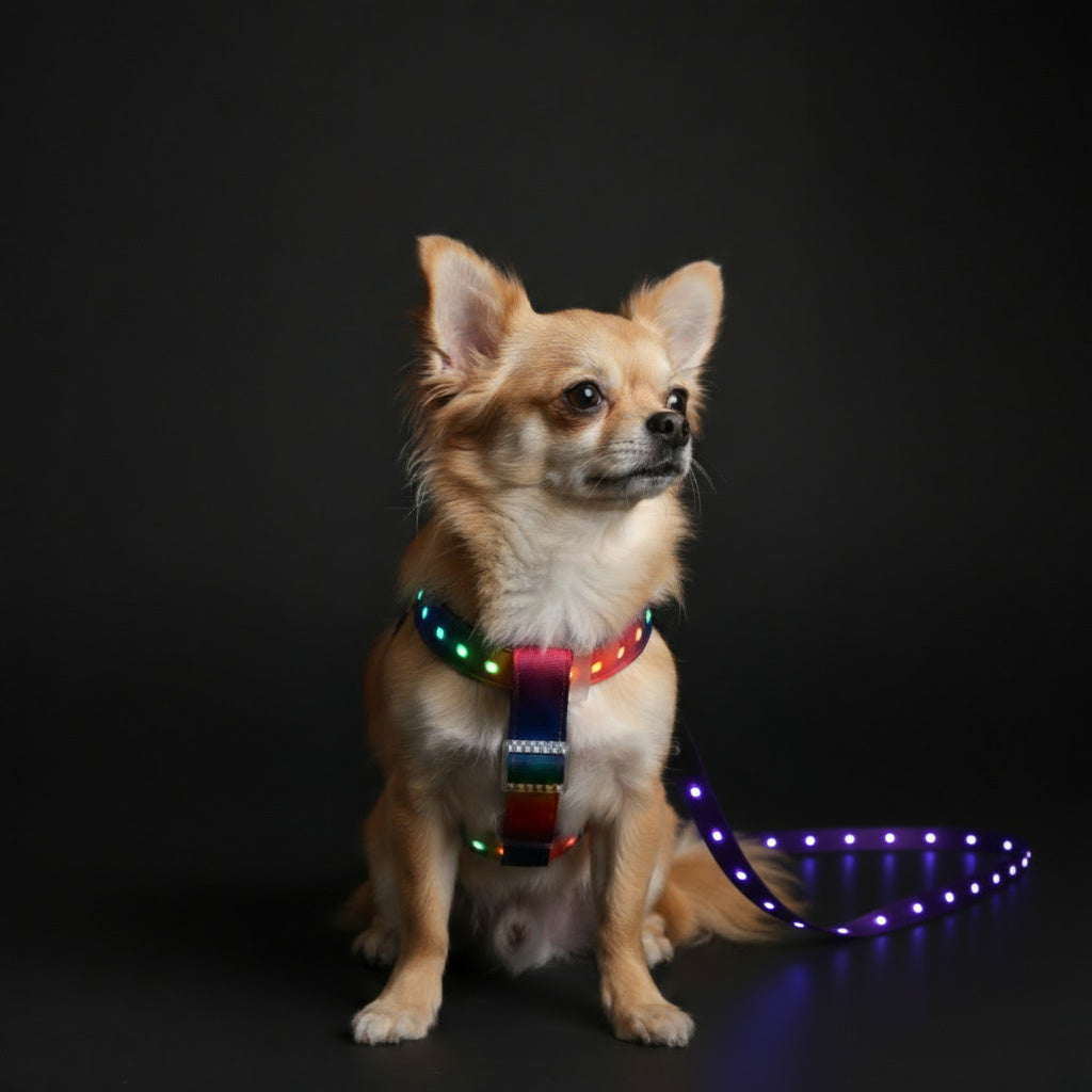 LED dog harness with leash on a Chihuahua, showcasing bright lights for nighttime visibility and comfort.