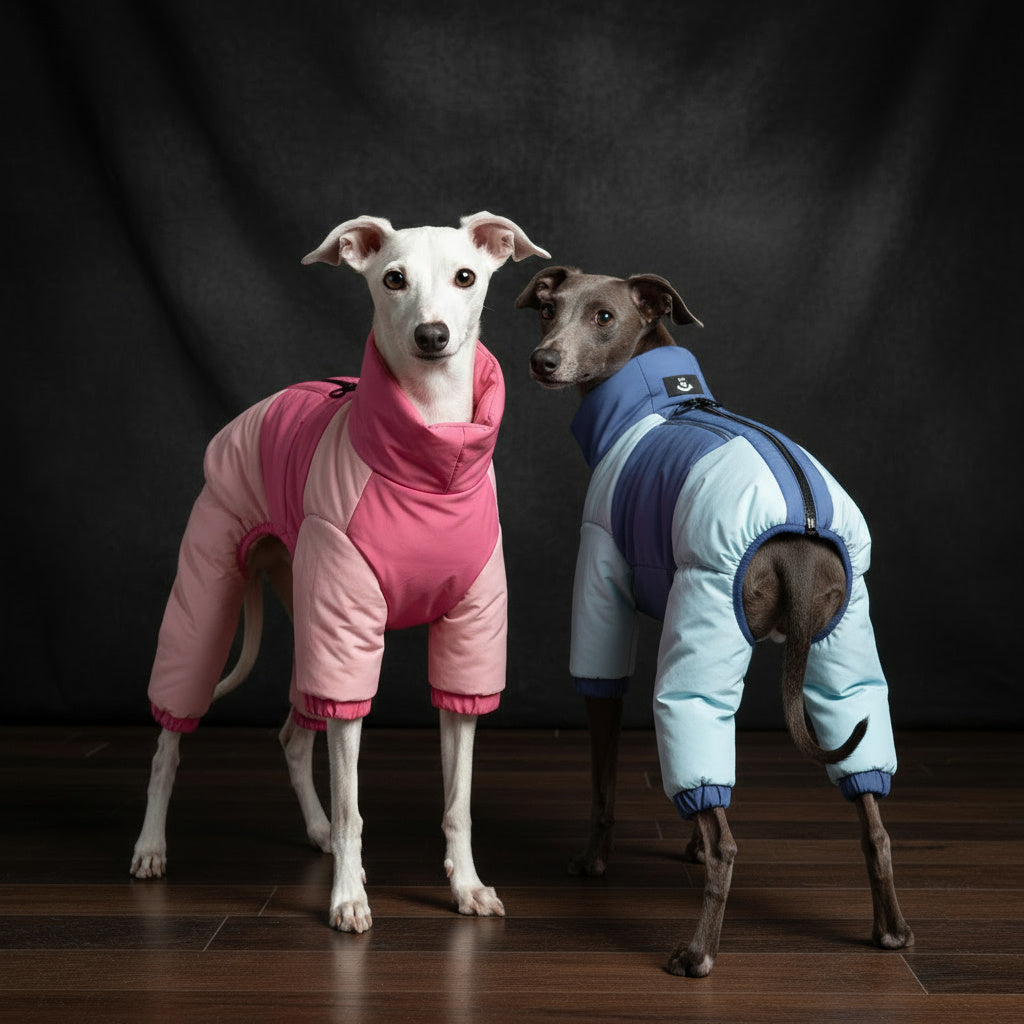 Two dogs wearing colorful winter jackets, showcasing style and warmth in a cozy indoor setting.