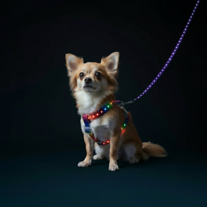 LED dog harness with leash on a Chihuahua, showcasing visibility and nighttime safety with colorful lights.