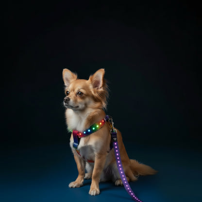 LED dog harness with leash on a Chihuahua, showcasing bright lights for nighttime visibility and safety.