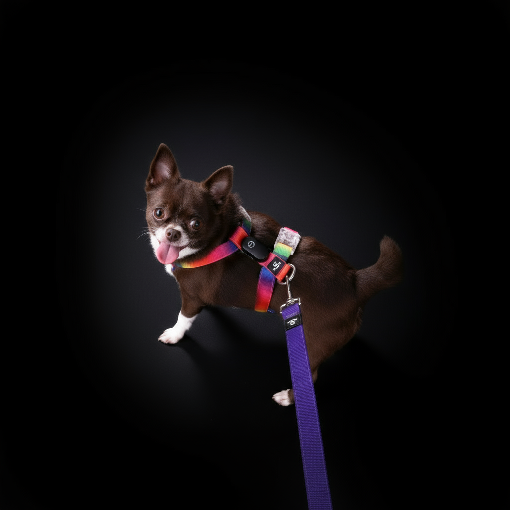 LED dog harness with leash on a small brown dog, showcasing visibility and comfort.